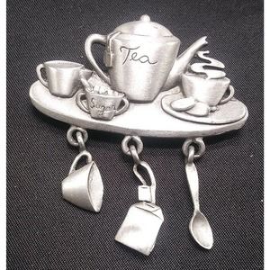 Signed JJ Jonette Vintage Brooch Teapot Cups Charm Teatime Pewter tea